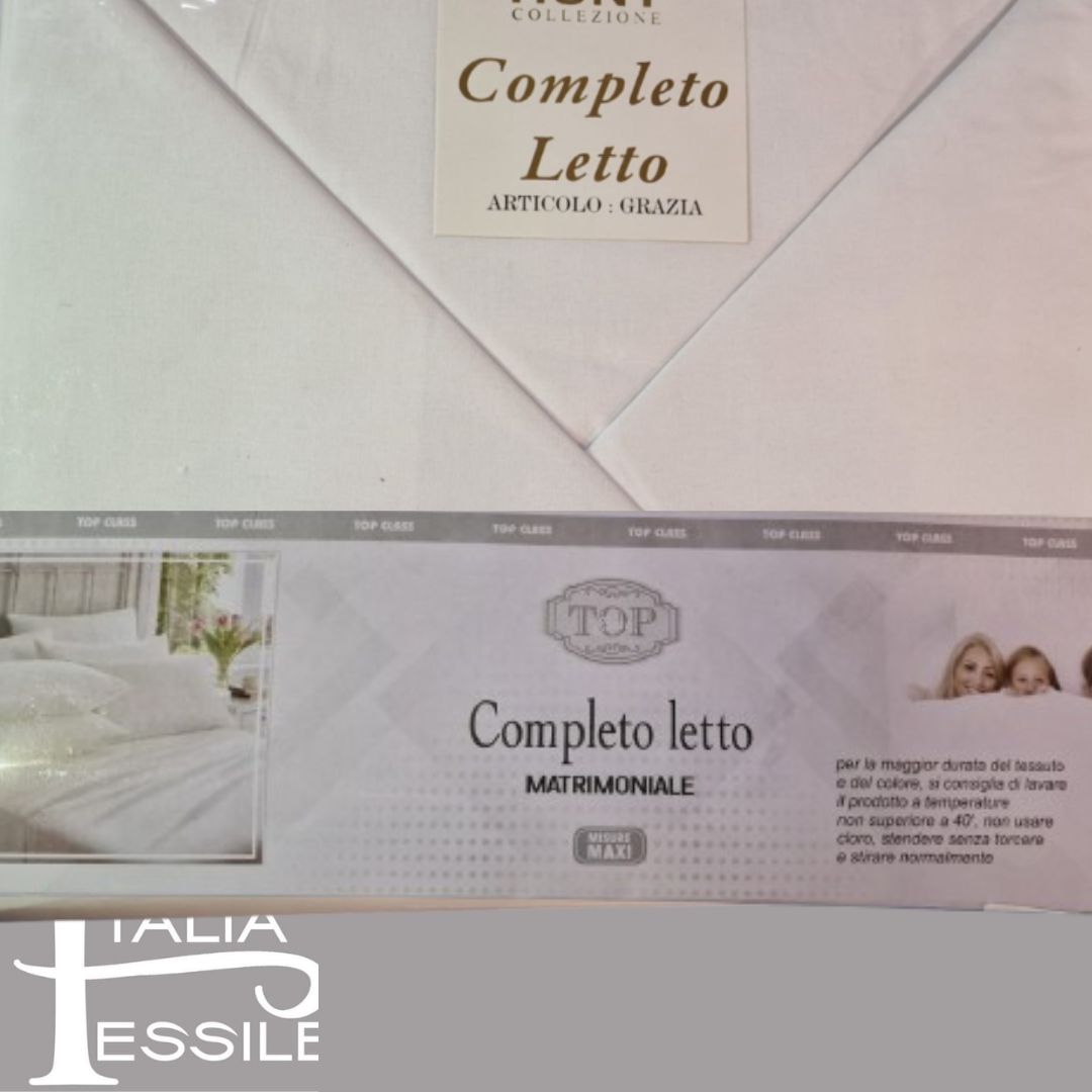 COMPLETO LETTO MATRIMONIALE TOP WHITE LINEA HOTELLERIE
FIBRA NATURALE
COMPLETO LETTO LINEA HOTELLERIE
1 LENZUOLO SOPRA 240X300+4CM
1 SOTTO CON ANGOLI 180X200 +25CM
2 FEDERE: 52X82 CM
MISURE MAXI - Italiatessile