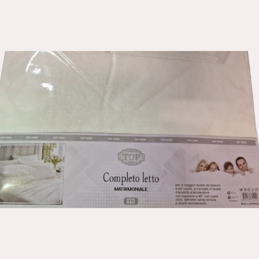 COMPLETO LETTO MATRIMONIALE TOP WHITE LINEA HOTELLERIE
FIBRA NATURALE
COMPLETO LETTO LINEA HOTELLERIE
1 LENZUOLO SOPRA 240X300+4CM
1 SOTTO CON ANGOLI 180X200 +25CM
2 FEDERE: 52X82 CM
MISURE MAXI - Italiatessile