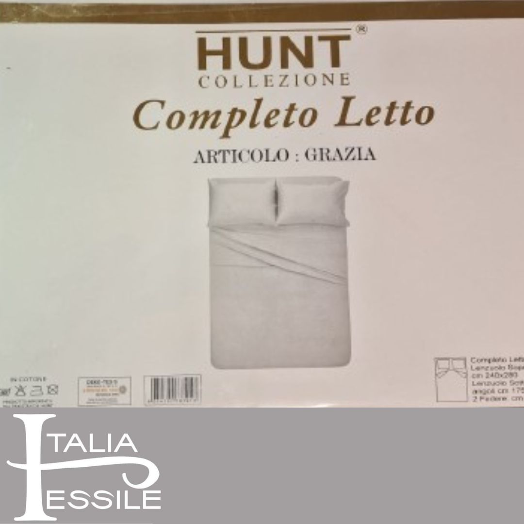 COMPLETO LETTO SINGOLO HUNT MODELLO GRAZIA
LENZUOLA CON ANGOLI 90*200+25
LENZUOLA SOPRA 150*280
1 FEDERA 52*82 - Italiatessile